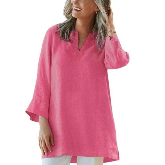 NEW LANDS’ END Linen Tunic Top Size L Pink Beach Cover Up Boho Lagenlook Dress - Picture 1 of 8